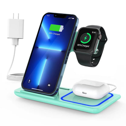 Wireless Charging Station, 2025 Upgraded 18W 3 in 1 Wireless Charger Stand for Iphone 16/15/14/13/12/11 Pro/Xs, Airpods 4/3/2/1/Pro, Iwatch Series 10/9/8/7/6/5/4/3,Samsung Phones(Green)