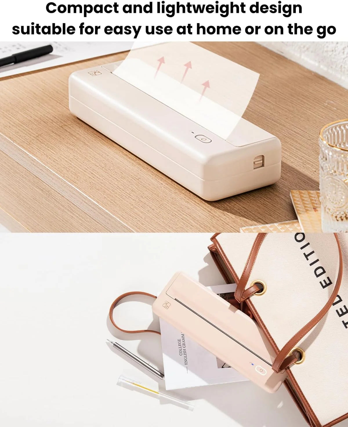 Wireless Portable Printers - A4 Thermal Printer for Travel, Mobile Office, School, Home - Bluetooth Printer Compatible with Ios Android Phone & Laptop, Pink