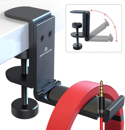 Headphone Stand Hook for Desk, Foldable under Table Headset Holder with Built-In Cable Clip Organizer, Clamp Hanger Mount for PC Gaming, Office, Backpack, Bag, Purse Hanging